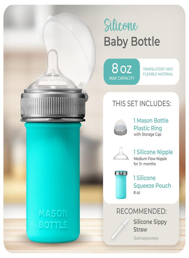 Mason Bottle 8oz Silicone Baby Bottle with Medium Flow Nipple (3+ Months) – Breastfeeding Bottle, Reusable Silicone Squeeze Pouch – BPA & BPS-Free, Non-Toxic, Made in USA (Teal) - Image 2